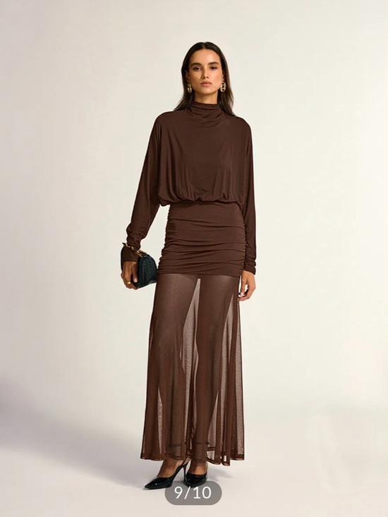 Commense Dresses & Skirts - Commense Turtleneck Long Dress Drape Rushed Mesh Dress NWT Size S